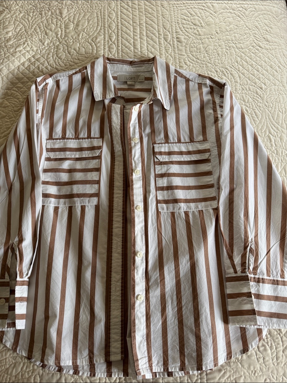 LOFT Brown and White Striped Button-Up Shirt